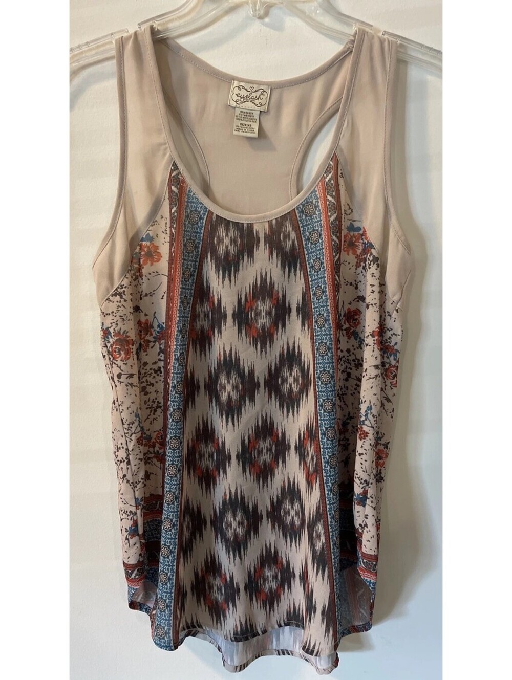 Eyelash Couture Womens XS Beige Floral Sheer Sleeveless Lightweight Blouse A2513
